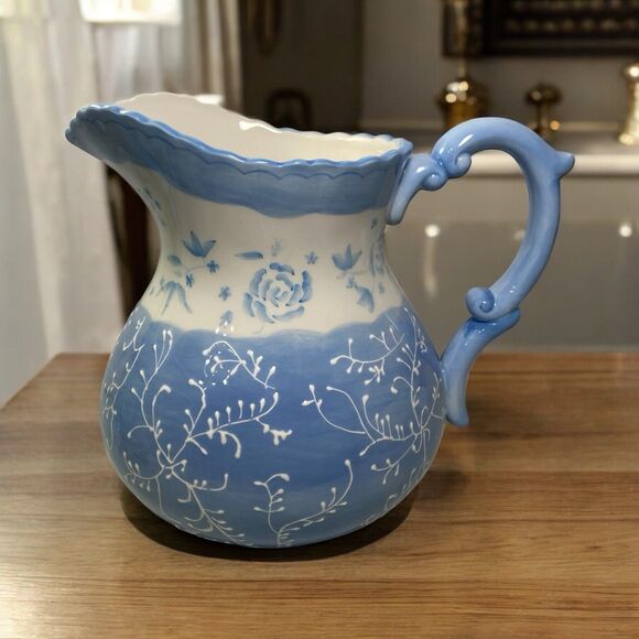 Bella Casa by Ganz Floral Design Ceramic Pitcher Hand Painted Blue White 7.5” T - Picture 1 of 11